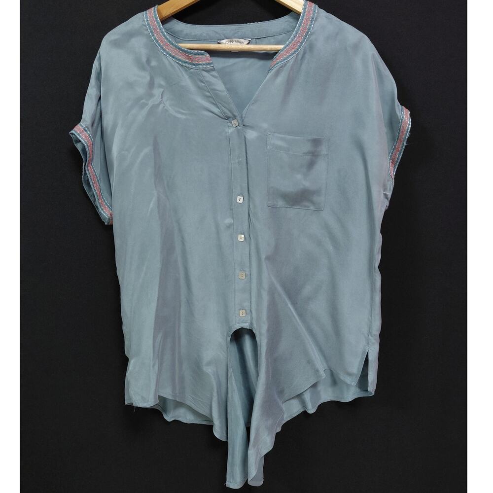 JOHN + MARK Blue Button-Up Top Solid Short Sleeve Women Size M